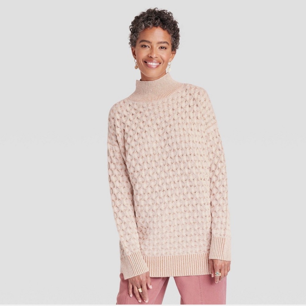Knox Rose NWT Cream and Pink Textured Mock Turtleneck Sweater size S